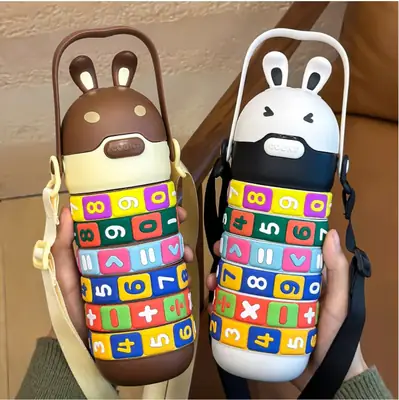 High Quality Kids Rabbit Puzzle Water Bottle 520ml – Educational Rotating Number Straw Sipper | Leakproof School Bottle for Boys & Girls