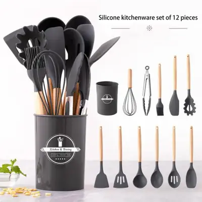 High Quality 12 Pcs Silicone Kitchen Utensil Set with Wooden Handles | Heat Resistant BPA Free Non-Stick Cooking Tools | Spatula, Turner, Spoon, Tongs, Whisk & Brush thumbnail 1
