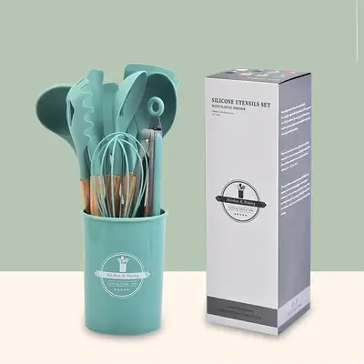 High Quality 12 Pcs Silicone Kitchen Utensil Set with Wooden Handles | Heat Resistant BPA Free Non-Stick Cooking Tools | Spatula, Turner, Spoon, Tongs, Whisk & Brush thumbnail 4