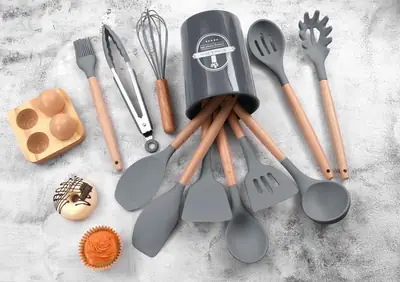 High Quality 12 Pcs Silicone Kitchen Utensil Set with Wooden Handles | Heat Resistant BPA Free Non-Stick Cooking Tools | Spatula, Turner, Spoon, Tongs, Whisk & Brush thumbnail 6