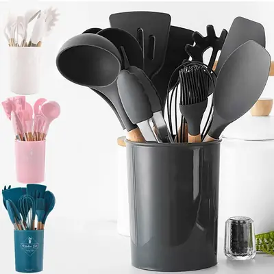 High Quality 12 Pcs Silicone Kitchen Utensil Set with Wooden Handles | Heat Resistant BPA Free Non-Stick Cooking Tools | Spatula, Turner, Spoon, Tongs, Whisk & Brush thumbnail 8