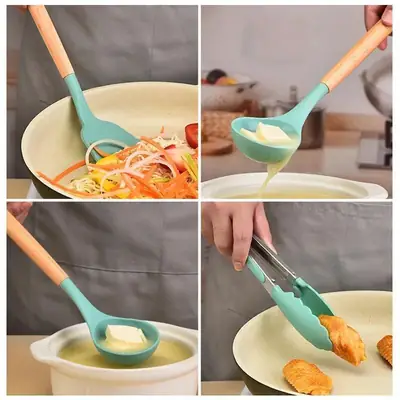 High Quality 12 Pcs Silicone Kitchen Utensil Set with Wooden Handles | Heat Resistant BPA Free Non-Stick Cooking Tools | Spatula, Turner, Spoon, Tongs, Whisk & Brush thumbnail 9