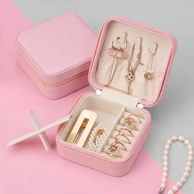 High Quality Leather Jewellery Organizer Box with Zipper | Ear Rings & Necklace_Bracelets Holder | Small Jewelry Box Vanity Hanger Stand Velvet thumbnail 5