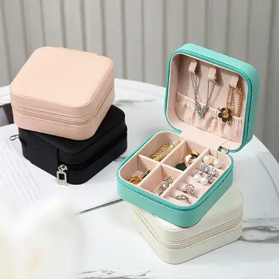 High Quality Leather Jewellery Organizer Box with Zipper | Ear Rings & Necklace_Bracelets Holder | Small Jewelry Box Vanity Hanger Stand Velvet thumbnail 8