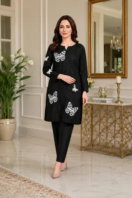 2 Pcs Women's Unstitched Sequins Embroidered Suit