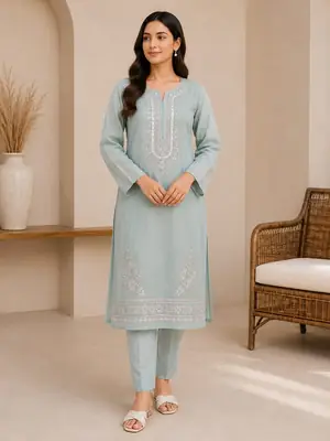 2 Pcs Women's Unstitched Sequins Embroidered Suit