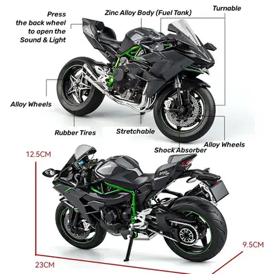 Diecast Sports Bike Model 7 Inch | Alloy Metal & Plastic Motorcycle Toy with Light, Music & Suspension | Scale Racing Motorbike Replica for Kids | Kawasaki H2R, Ducati & Panigale Style thumbnail 3
