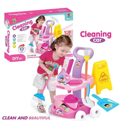 Kids Cleaning Trolley Play Set | Pretend Play Housekeeping Cart with Cleaning Accessories | Role Play Educational Cleaning Toy for Boys & Girls thumbnail 2