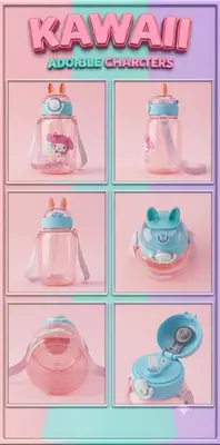 Kawaii Design Bottle Sipper – Adorable Character Water Bottles with Straw and Strap thumbnail 2