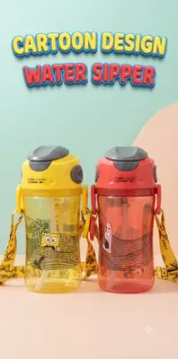 Cute Cartoon Design Water Sipper Bottle with Straw and Strap – Kids Portable Drinking Bottle