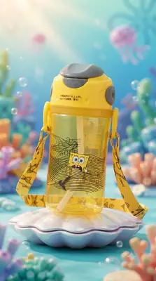Cute Cartoon Design Water Sipper Bottle with Straw and Strap – Kids Portable Drinking Bottle thumbnail 3