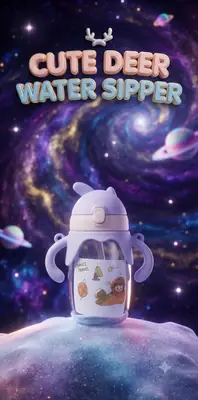 Cute Deer Design Water Sipper – Kids Space Travel Theme Straw Bottle