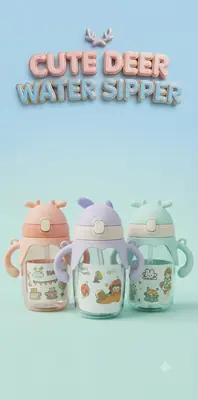 Cute Deer Design Water Sipper – Kids Space Travel Theme Straw Bottle thumbnail 3