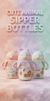 Cute Deer Design Water Sipper – Kids Space Travel Theme Straw Bottle thumbnail 4