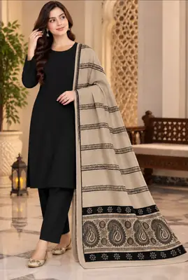 3 Pcs Women's Unstitched Plain PURE WOOL 3D SHAWL ( Black )