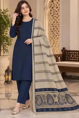 3 Pcs Women's Unstitched Plain Suit PURE WOOL 3D SHAWL(Blue)