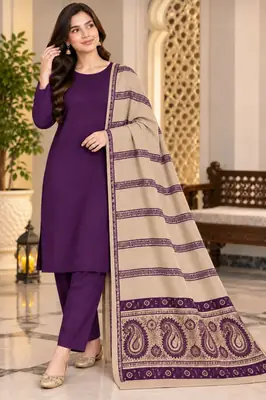 3Pcs Women's Unstitched Plain Suit PURE WOOL 3D SHAWL Purple