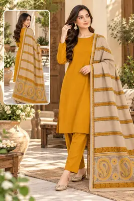 3Pcs Women's Unstitched Plain Suit PURE WOOL 3D SHAWL yellow