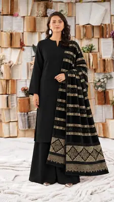 3Pcs Women's Unstitched Plain Suit Faincy Whool Shawl Black