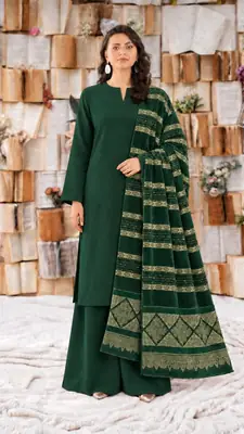 3 Pcs Women's Unstitched Plain Suit Faincy Whool Shawl Green