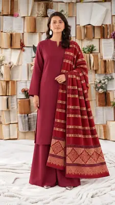 3Pcs Women's Unstitched Plain Suit Faincy Whool Shawl Maroon