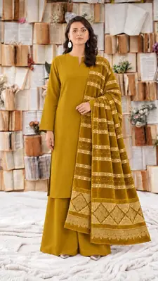 3Pcs Women's Unstitched Plain Suit Faincy Whool Shawl Yellow