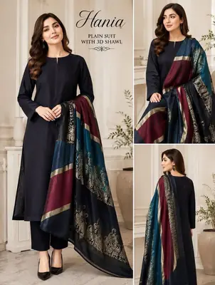3 Pcs Women's Unstitched Plain Suit Faincy Whool Shawl Black