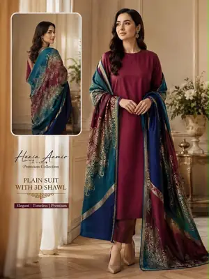 3Pcs Women's Unstitched Plain Suit Faincy Whool Shawl Maroon