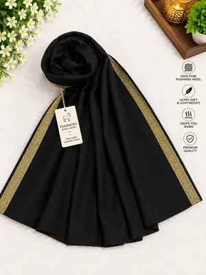 Women's Pashmina Wool Zari Tilla Shawl ( Black )