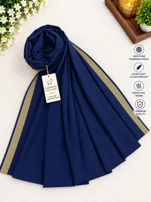 Women's Pashmina Wool Zari Tilla Shawl ( Blue )