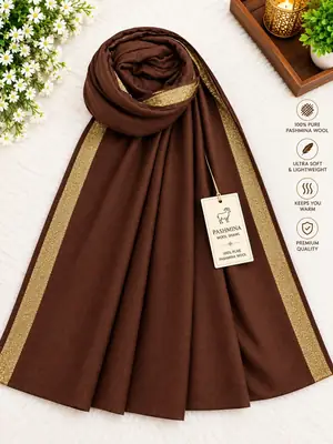 Women's Pashmina Wool Zari Tilla Shawl ( Brown )