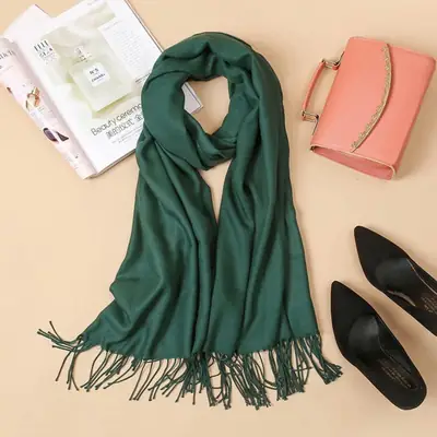 Women's Cashmere Plain Shawl ( Green ) thumbnail 2