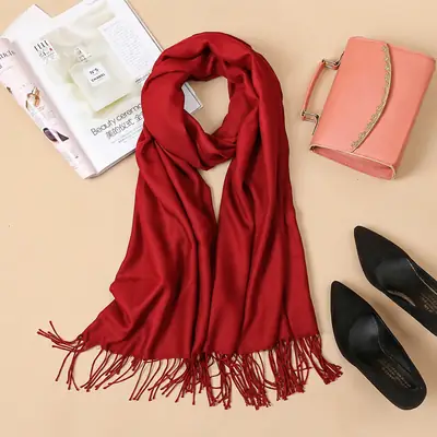 Women's Cashmere Plain Shawl ( Red ) thumbnail 2