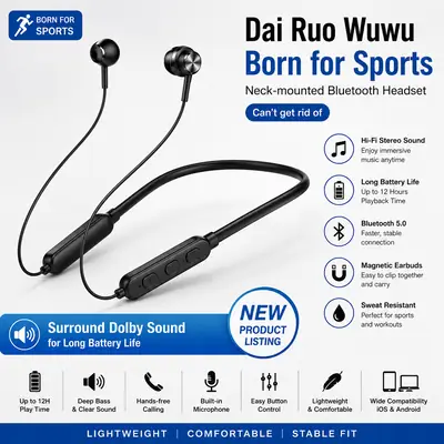 Wireless Neckband Bluetooth 5.0 Headphone Wireless Headset With Heavy Bass Stereo Earphones High Quality Magnetic Attraction Intelligent Noise Reduction Cancelling Sports Headset thumbnail 2