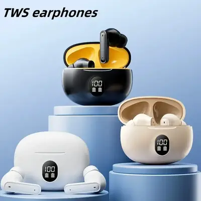 White Stereo Earbuds | LED Digital Battery Display | Bluetooth Earphones with Charging Case & Mic thumbnail 3