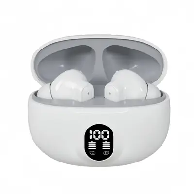 White Stereo Earbuds | LED Digital Battery Display | Bluetooth Earphones with Charging Case & Mic thumbnail 4