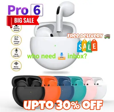 Pro 6 Hi-Fi Wireless Airbuds 5.0 Bluetooth Earphone Slim small size with Charging Case White