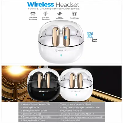 TD-LTE Wireless Headset BT 5.4 200mAh Charging Case Smart Touch Environmental Noise Cancellation Earbuds for Music/Gaming thumbnail 3