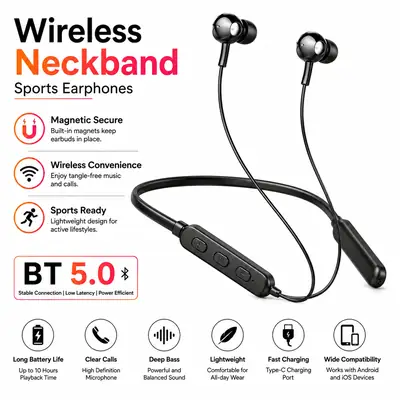 Wireless Neckband Sports Earphones | Bluetooth 5.0 | Magnetic Earbuds | Clear Sound | In-Line Controls | Long Battery Life thumbnail 3