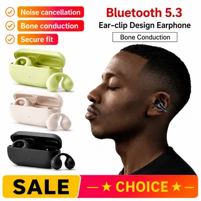 Bluetooth 5.3 Ear Clip Wireless Earbuds | Bone Conduction Open Ear Headset | Secure Fit | Touch Control | Charging Case