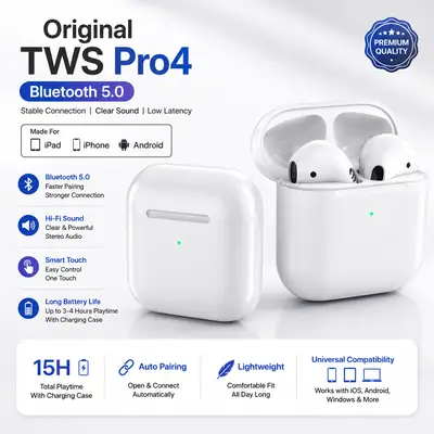 TWS Pro4 Wireless Bluetooth Earbuds with Charging Case | Stereo Sound, Touch Control, Auto Pairing thumbnail 2