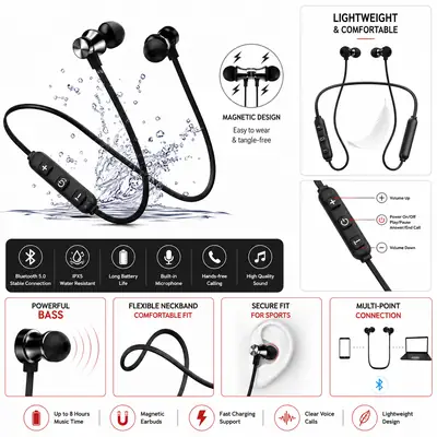 Wireless Headphones, Waterproof Sweatproof 2.5 Hours Playtime Bluetooth Headphones, with Magnetic Connection, Sports Earbuds for Running