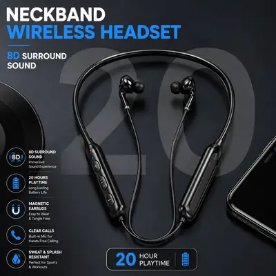 Black Noise-Cancelling Earbuds 12 Wireless Neckband