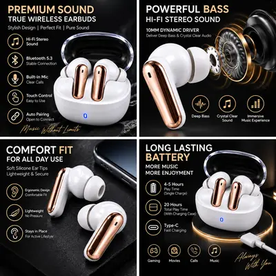 Premium TWS Wireless Earbuds – Bluetooth 5.3, Hi-Fi Stereo Sound, Touch Control & Charging Case thumbnail 2