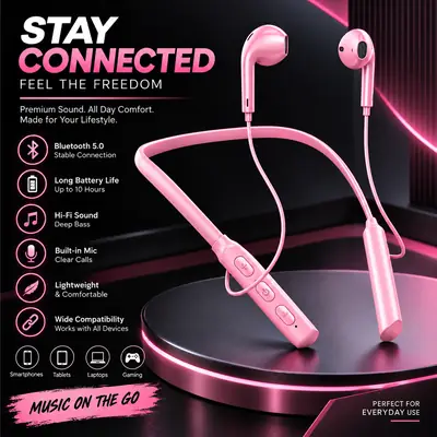 Neckband Bluetooth Wireless Earphones – Stereo Sound, Deep Bass, Built-in Mic & Long Battery Life