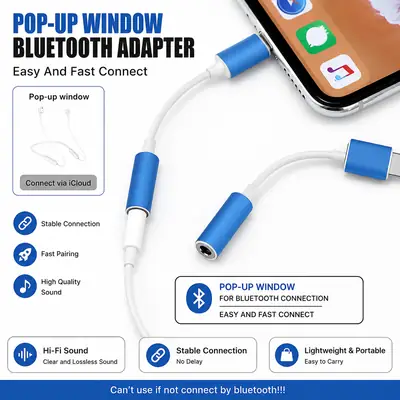 Lightning to 3.5mm Bluetooth Adapter | Wireless Audio Receiver with Pop-Up Window | Easy & Fast Connection