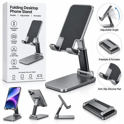 Folding Desktop Mobile Phone Stand – Adjustable & Foldable Phone Holder thumbnail 2