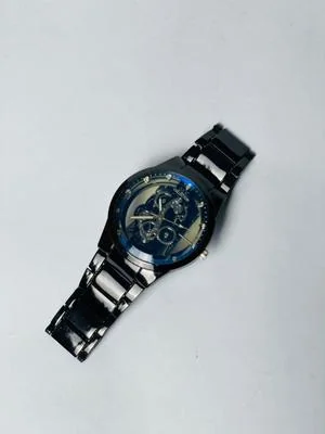 Men's Black Stainless Steel Skeleton Watch with Gears