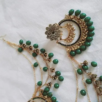 Bridal Pearl Earrings - Gold Plated - Unique Design - 2 Pcs - Green Stone thumbnail 3