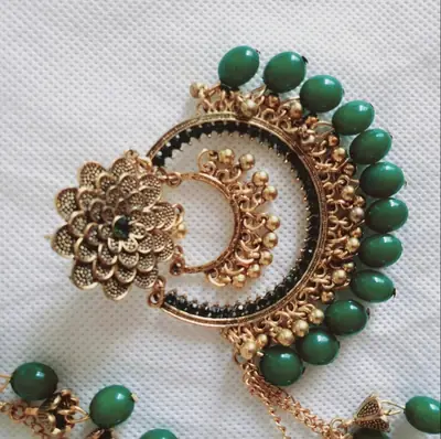 Bridal Pearl Earrings - Gold Plated - Unique Design - 2 Pcs - Green Stone thumbnail 2